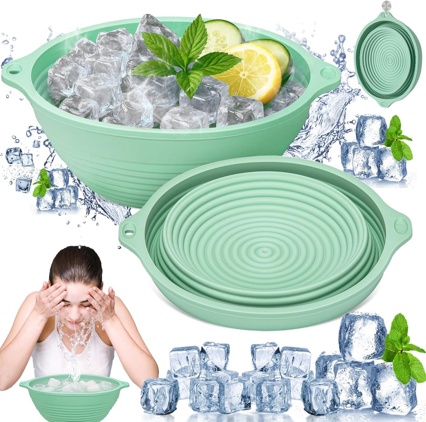Noverlife Face Ice Bath Bowl, 9 Inch Ice Face Bowl Silicone Face Bowl for Icebath Folding Ice Facial Bowl, Portable Facial Ice Plunge Bowls Faces Cold Bath Washbasin Kit Facial Icebath at Home - Green