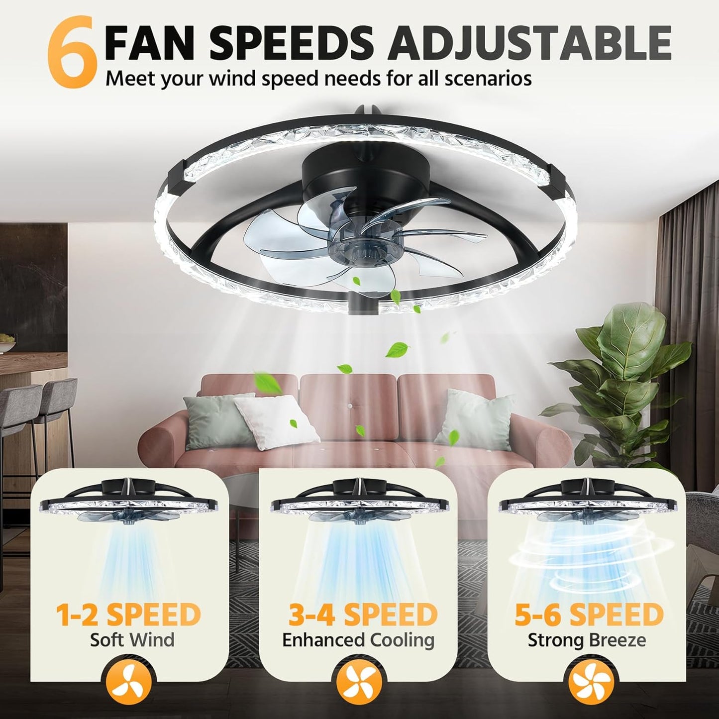 Hordxin Flush Mount Ceiling Fans with Lights and Remote, 19.7'' Ultra Low Profile Ceiling Fan, 3000K-6500K Dimming Modern LED Fan Light, 6 Wind Speeds, Black Fandelier Kitchen Fans Ceiling with Lights