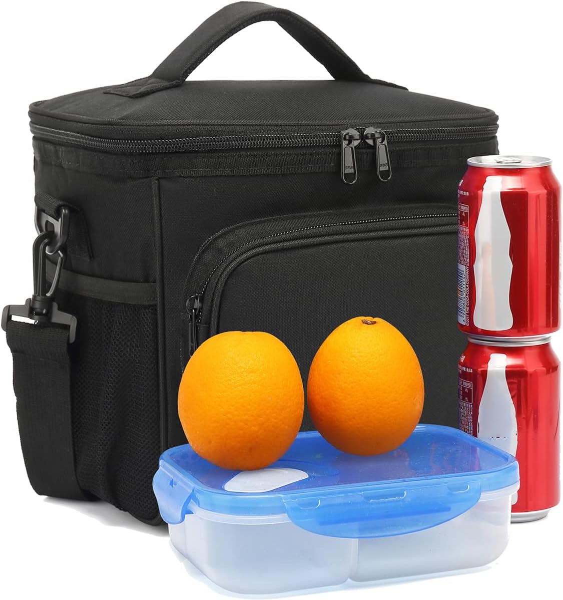 FlowFly Insulated Lunch Bag Adult Lunch Box Large Cooler Tote Bag for Men, Women, with Adjustable Strap,Front Pocket and Dual Large Mesh Side Pockets Black