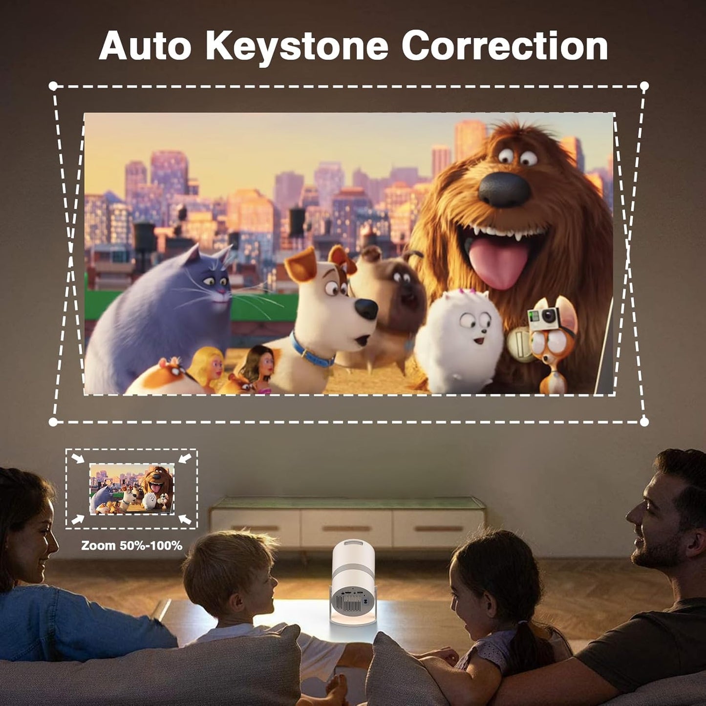 【Built-in Apps】 1080P Mini Projector with WiFi 6 and Bluetooth, Portable Outdoor Projector with 【Auto Keystone】, 270°Rotation Movie Projector Compatible with HDMI, USB, Smartphone