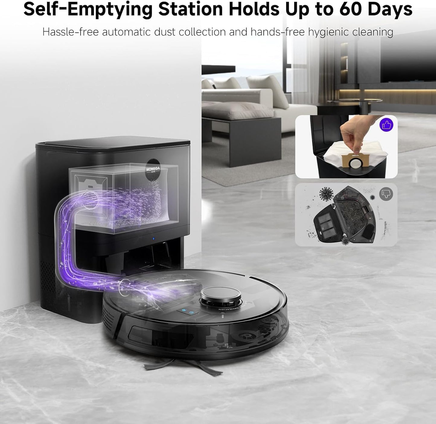 MONSGA Robot Vacuums and Mop 5000Pa, Self-Emptying, 3.5L 60-Day Capacity, Lidar Navigation,Home Mapping, Schedule, Wi-Fi/App/Alexa/Remote, 180mins Runtime, Robot Vacuums for Pet,Hard Floor,Carpet