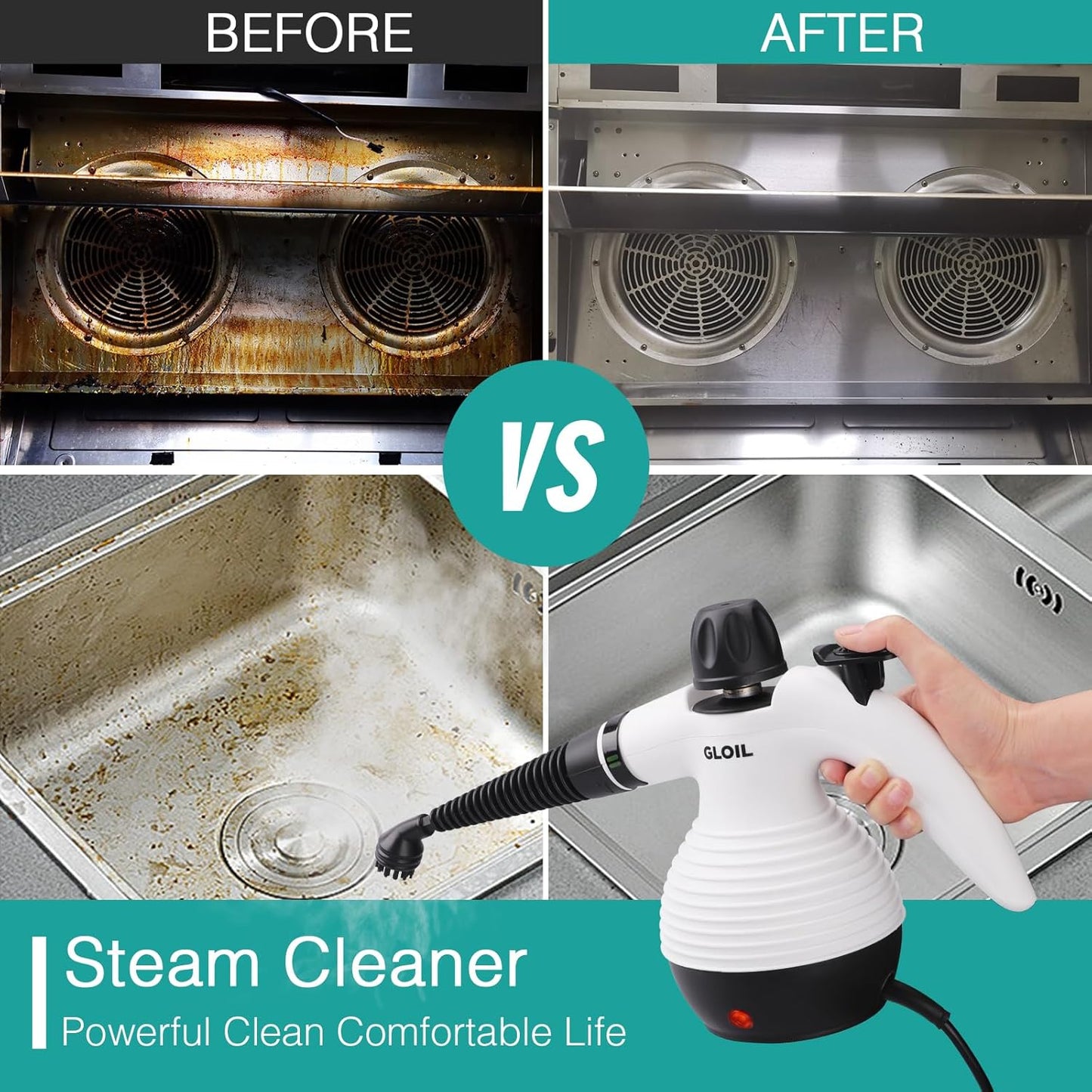 GLOIL Handheld Steam Cleaner, Steamer for Cleaning, Multipurpose Portable Steam Cleaners for Home Use with Safety Lock and 10 Accessory Kit to Remove Grime, Grease, and More