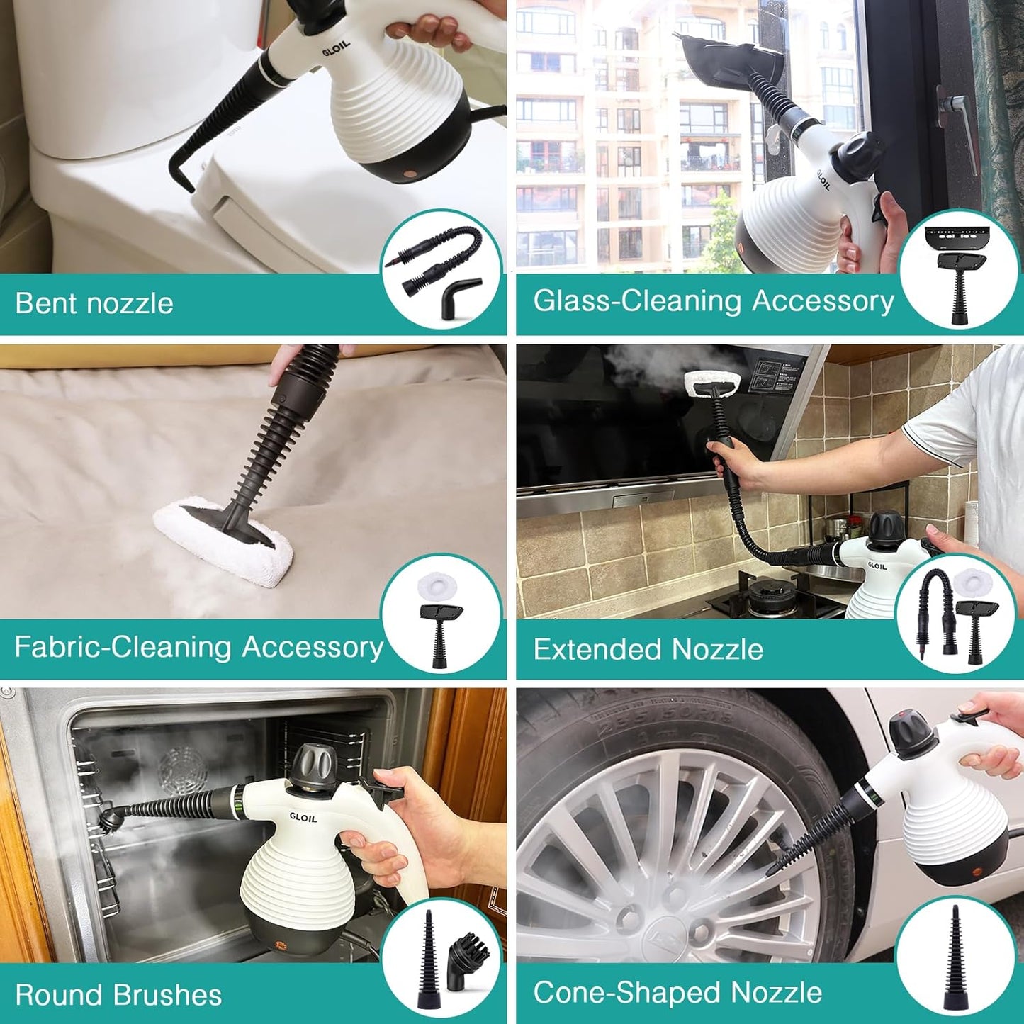 GLOIL Handheld Steam Cleaner, Steamer for Cleaning, Multipurpose Portable Steam Cleaners for Home Use with Safety Lock and 10 Accessory Kit to Remove Grime, Grease, and More