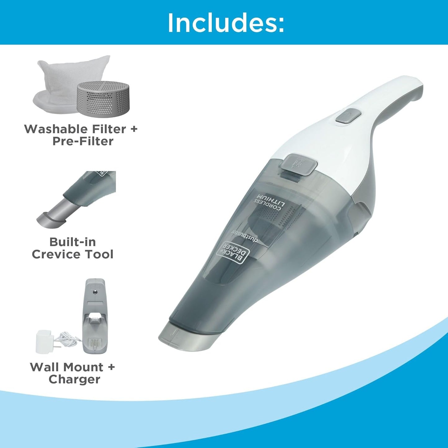 BLACK+DECKER dustbuster QuickClean Cordless Handheld Vacuum, White (HNVC215B10), Dirt Bowl and Fliter