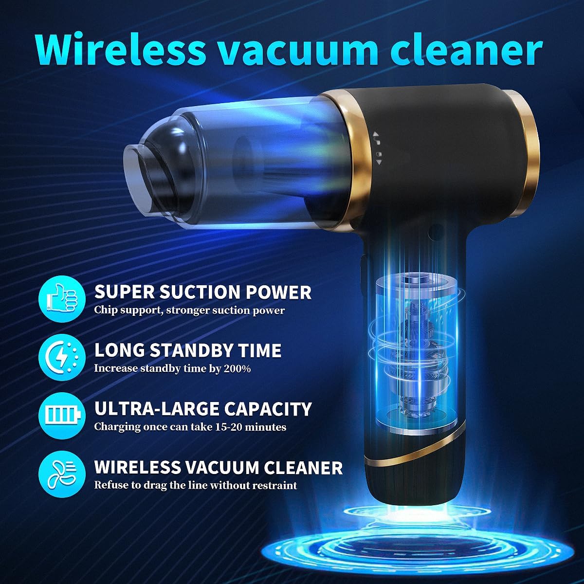 PATO 6-in-1 Cordless Handheld Vacuum, 20000PA Powerful Suction for Home, Car, Pet Hair, Portable Lightweight Cleaner Set, Includes Crevice Tool.Black