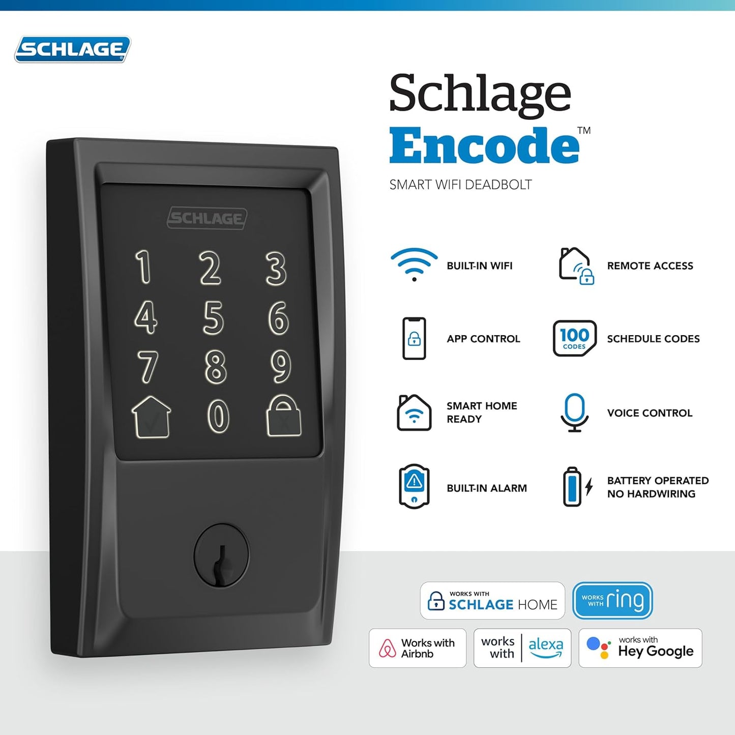 SCHLAGE Encode Smart WiFi Deadbolt with Century Trim in Matte Black (BE489WB CEN 622)