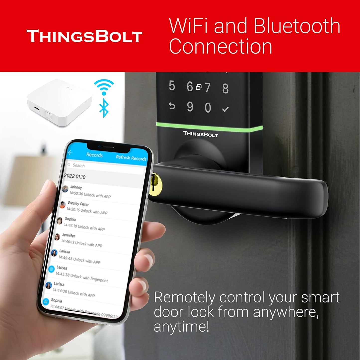 WiFi Smart Door Lock with Handle, THINGSBOLT Fingerprint Keyless Entry, Bluetooth & App Control, Alexa Compatible, Keypad & Key Access, Gateway Included (Black)