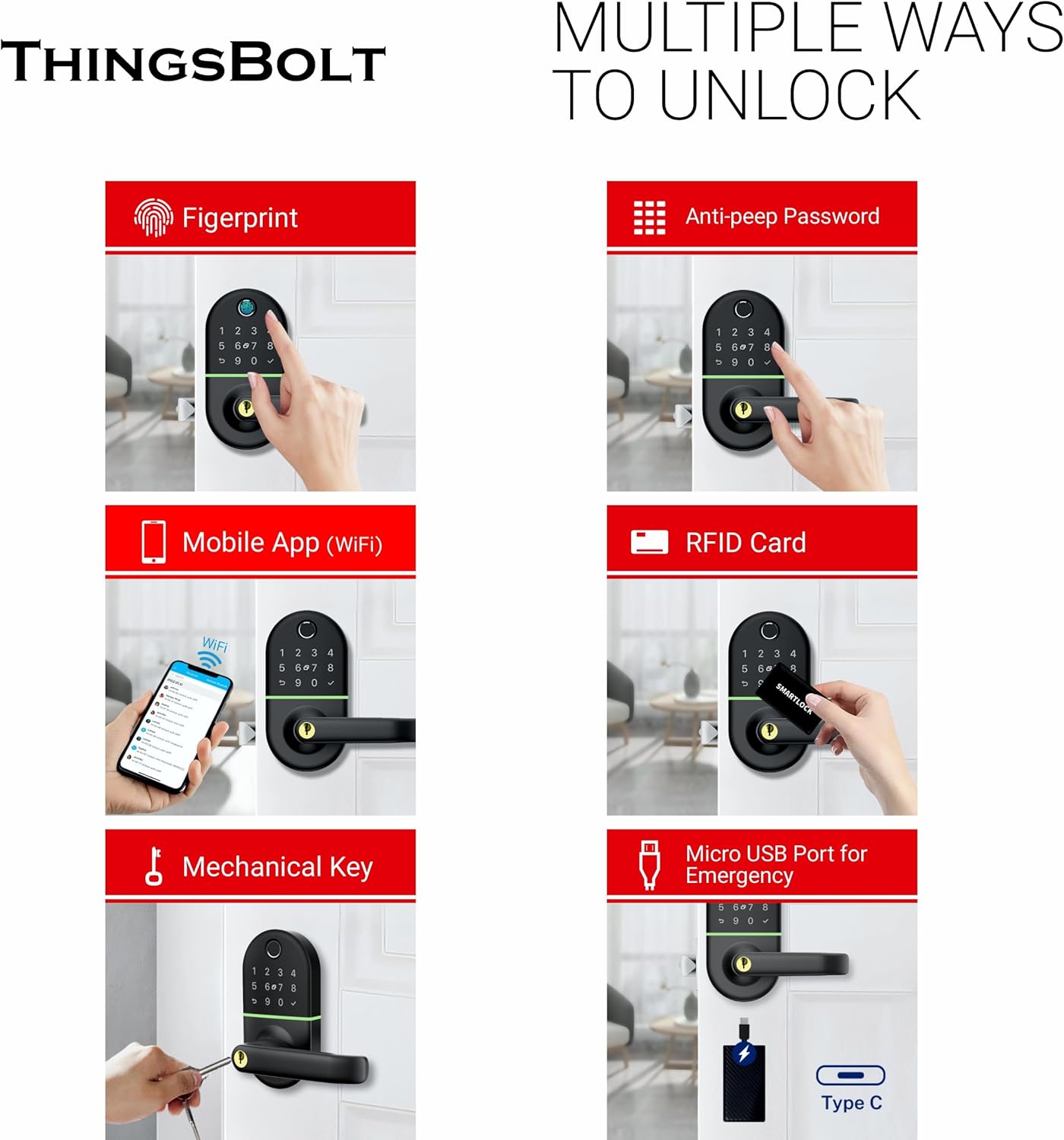 WiFi Smart Door Lock with Handle, THINGSBOLT Fingerprint Keyless Entry, Bluetooth & App Control, Alexa Compatible, Keypad & Key Access, Gateway Included (Black)