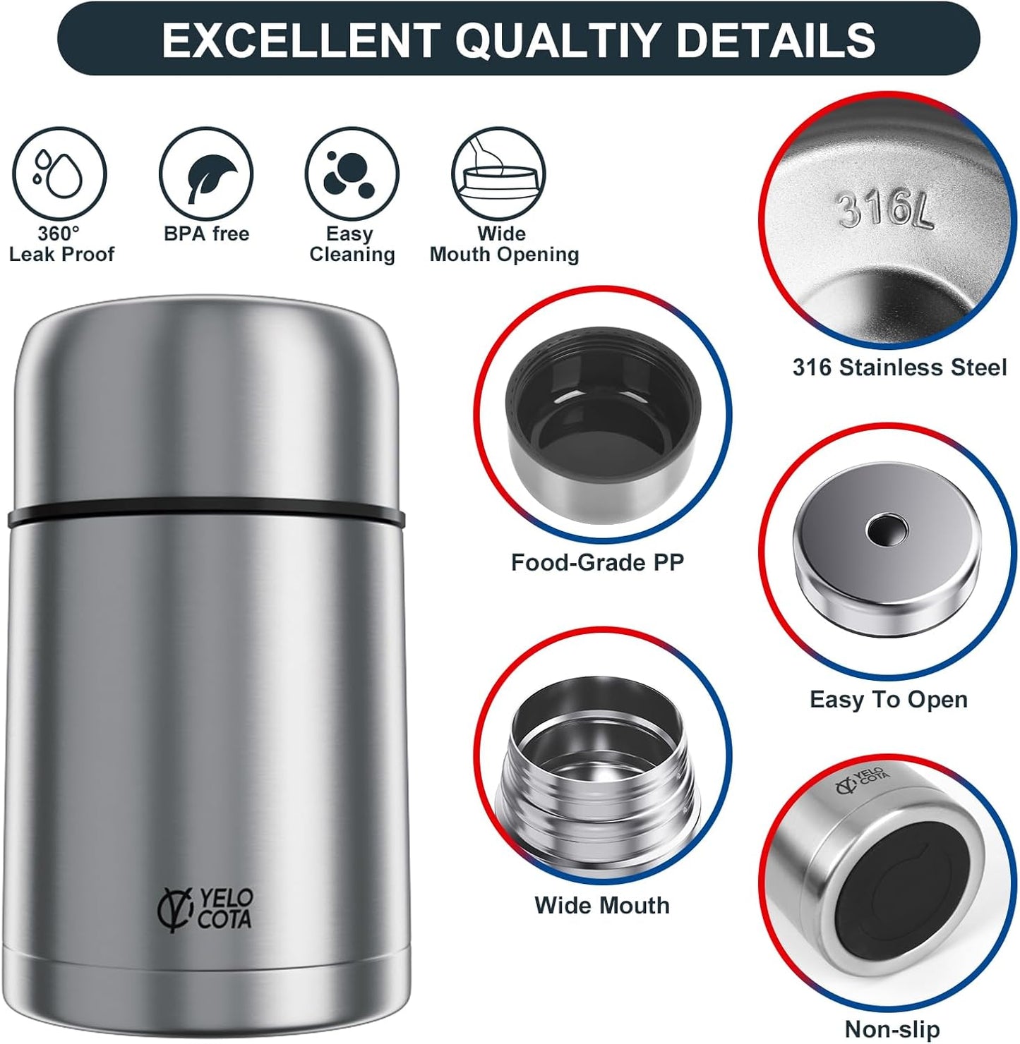 Yelocota Food Jar for Hot Food- 27Oz Vacuum Insulated Stainless Steel Soup Flask- Leak Proof Wide Mouth Food Containers- Food Jar for Hot or Cold Food