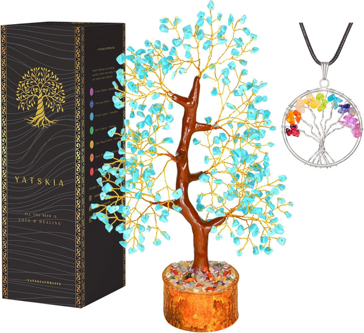 Turquoise Crystal Tree of Life Decor, Handmade Gemstone Bonsai with Natural Stones, Feng Shui Style Meditation and Home Office Tabletop Ornament - PuriLite