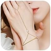 Hand Chain Ring Bracelet For Women, 14k Gold Plated Dainty Cubic Zirconia Minimalist Finger Ring Bracelet, Trendy Stuff Jewelry Gifts To Wife Girfriend Daughter Sister BBF, 17.5cm/7.5cm