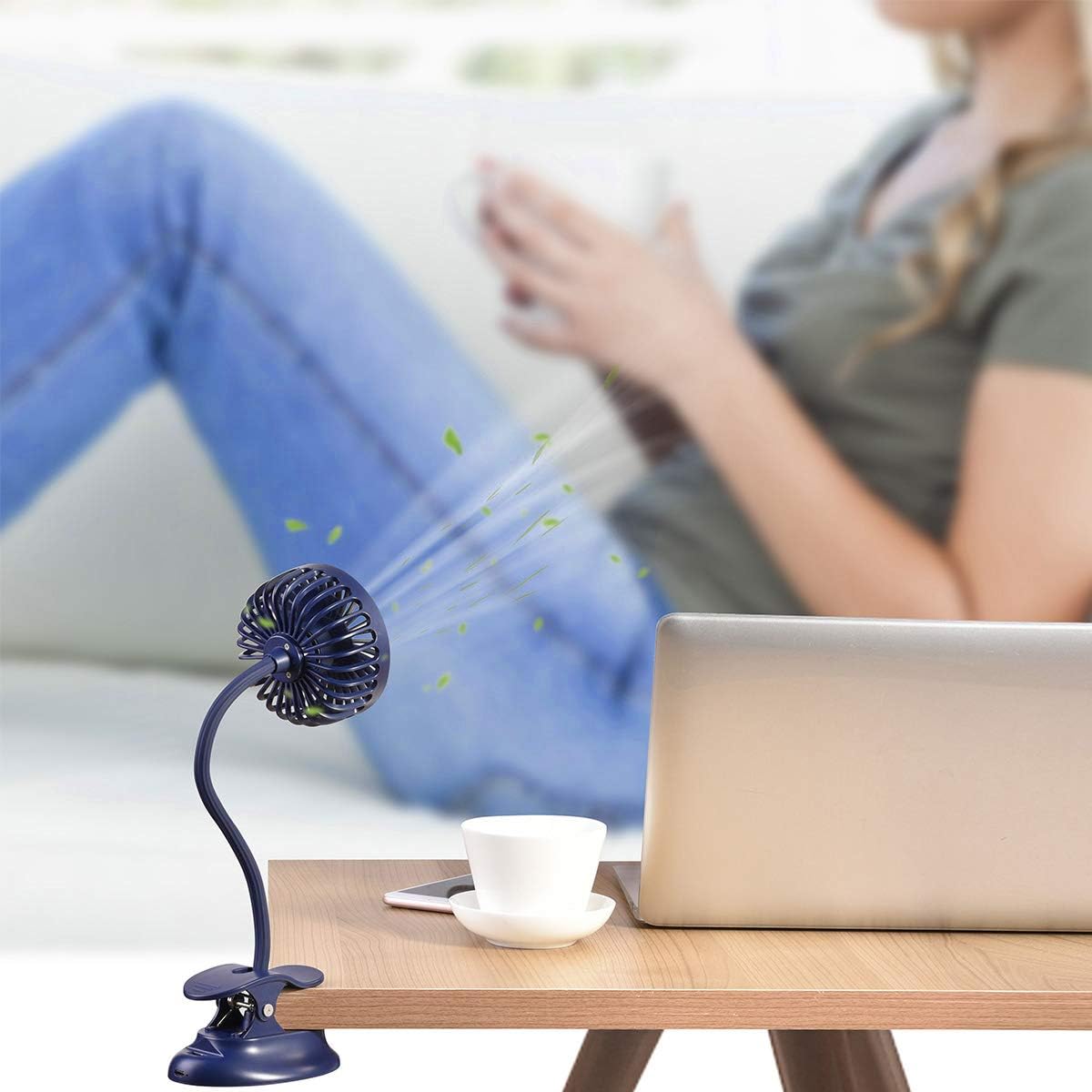 Clip on Fan Usb Fan mini Fan Battery Operated Desk Fan with Emergency Power Bank, USB Clip Fan Rechargeable Personal Fan Flexible Neck 3 Speeds Great for Beach Car Camping Dorm Bed Office - Dark Blue