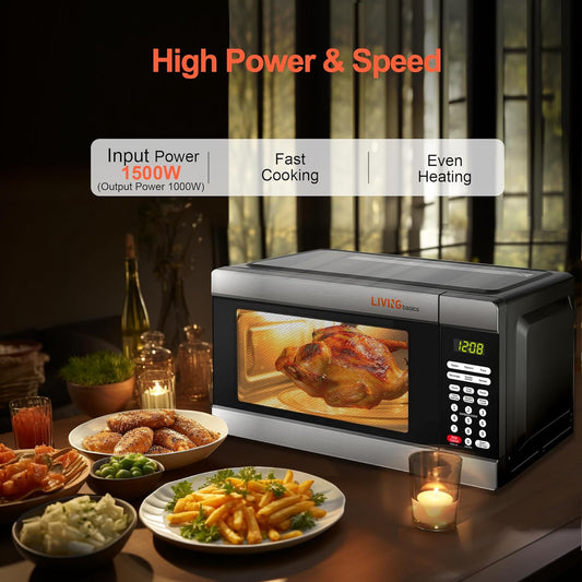 LIVINGbasics Countertop Microwave Oven, 1000W 1.1-Cu. Ft with LED Lighting, Safety Lock, Glass Turntable - PuriLite