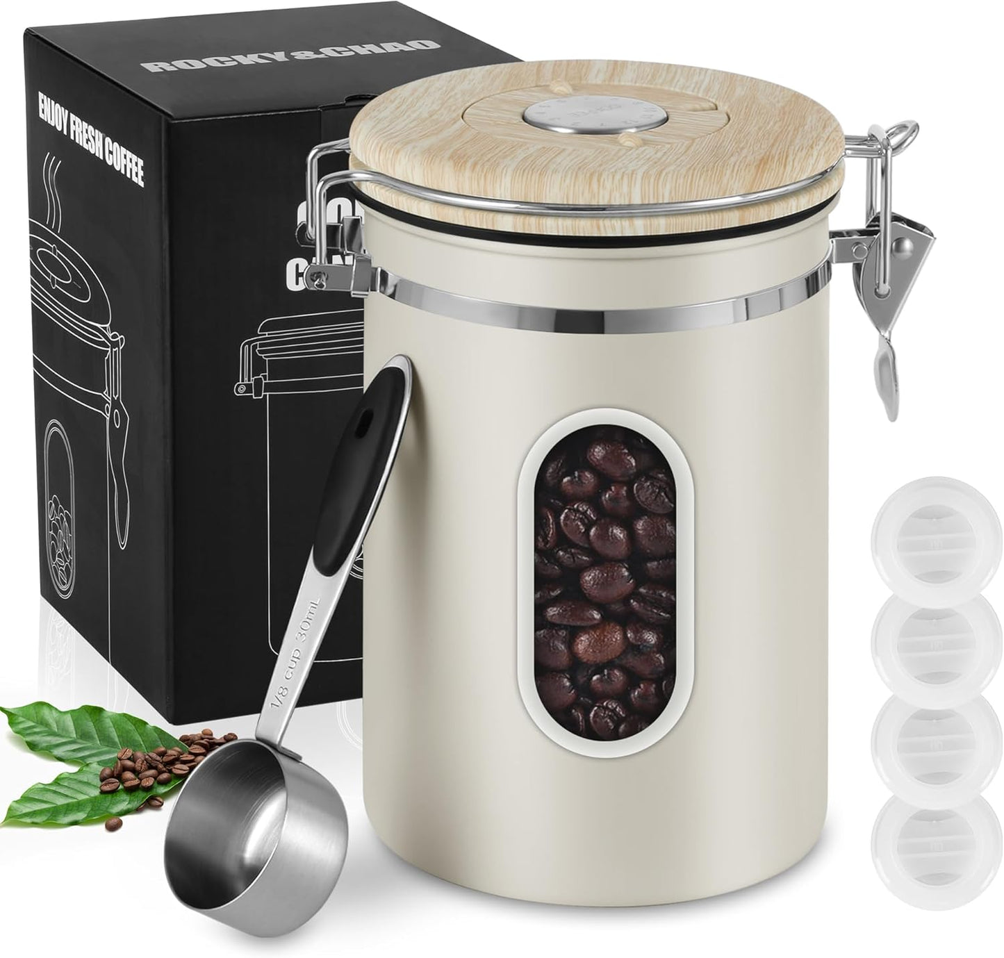 1800ML Airtight Coffee Canister with Date Tracker Transparent Window, 22.8OZ Coffe Beans Storage with 30 ML Measure Spoon&4 co2 Valve, Kitchen Food Storage Container for Ground Coffee,Coffee Beans&Tea