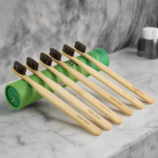 Gaia Guy Soft Natural Bristle Bamboo Toothbrush (NO Nylon - Horse Hair ONLY) - Totally Compostable & Biodegradable Soft Horse Hair Bristle and Bamboo Toothbrushes - Zero Waste & Plastic-Free (6) - PuriLite