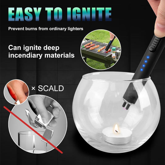 Electric Candle Lighter BBQ Lighter USB C Rechargeable Long Lighter Flameless Plasma Arc Lighter Briquet Electrique Rechargeable Windproof Electronic Lighter for Candles Fireworks (Black) - PuriLite