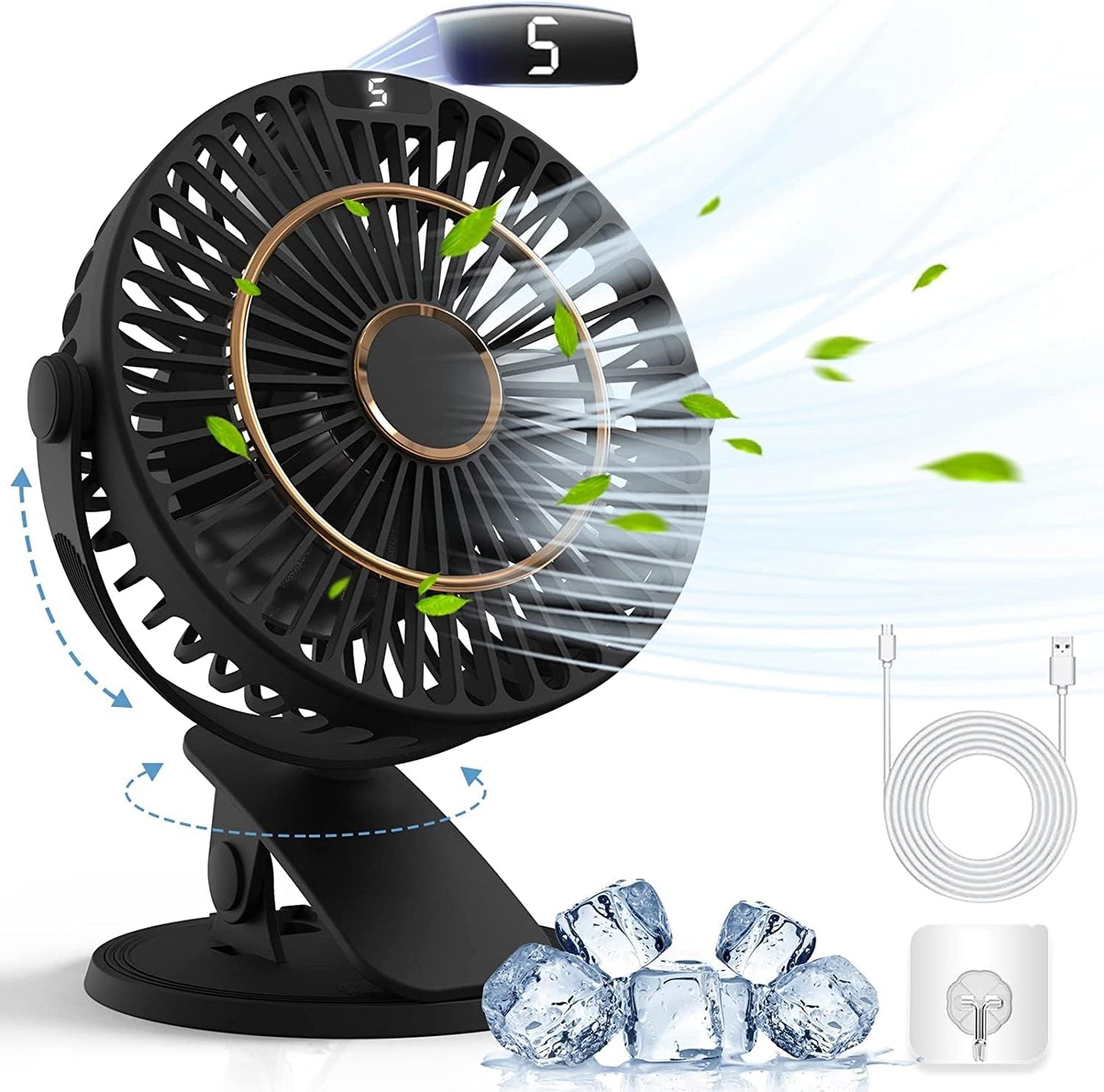 5 Speeds Clip on Fan Rechargeable - Mini USB Portable Desk Fan with Clip, LED Display Powerful Silent Table Fan, 720°Flexible Rotation for Bed, Home, Stroller, Sport, Camping (Black)