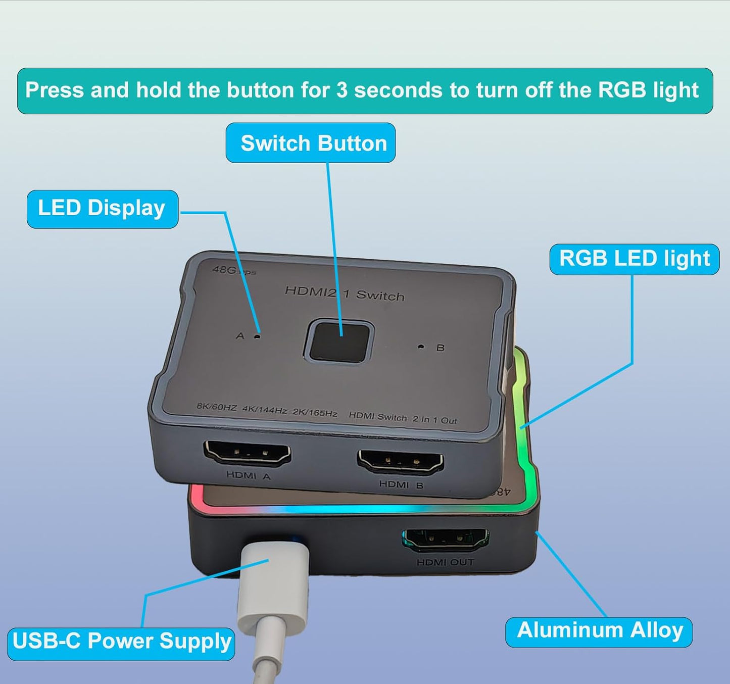 SKUYA hdmi Switch 4K 120hz 144hz 240hz Splitter 2 in 1 Out 8K 60hz switcher 2.1 Hub Aluminum hdmi switcher selector for Gaming PS5/PS4,Xbox, Apple TV,roku,Computer,hdr10,Dolby Vision