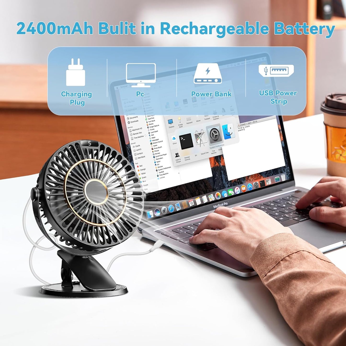 5 Speeds Clip on Fan Rechargeable - Mini USB Portable Desk Fan with Clip, LED Display Powerful Silent Table Fan, 720°Flexible Rotation for Bed, Home, Stroller, Sport, Camping (Black)