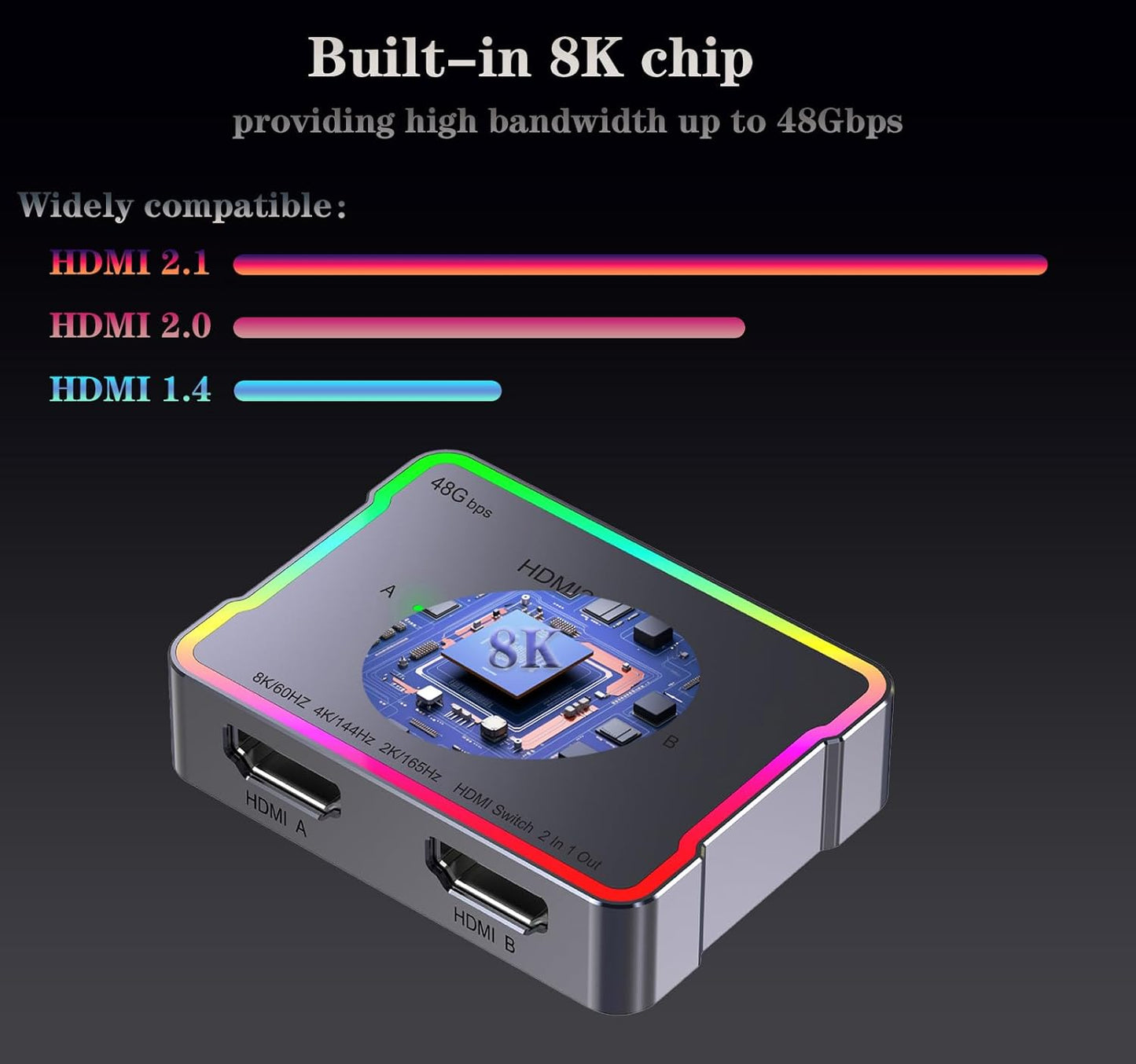 SKUYA hdmi Switch 4K 120hz 144hz 240hz Splitter 2 in 1 Out 8K 60hz switcher 2.1 Hub Aluminum hdmi switcher selector for Gaming PS5/PS4,Xbox, Apple TV,roku,Computer,hdr10,Dolby Vision
