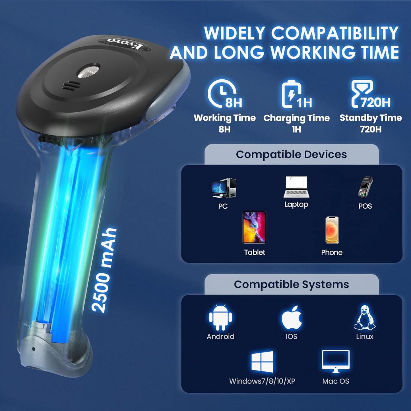 Eyoyo Bluetooth Wireless Barcode Scanner, 1D 2D QR Code Scanner, 3 in 1 USB Wired Handheld Bar Code Reader Screen Scanning with Windows Android iOS Tablets Computer for Warehouse Express Store