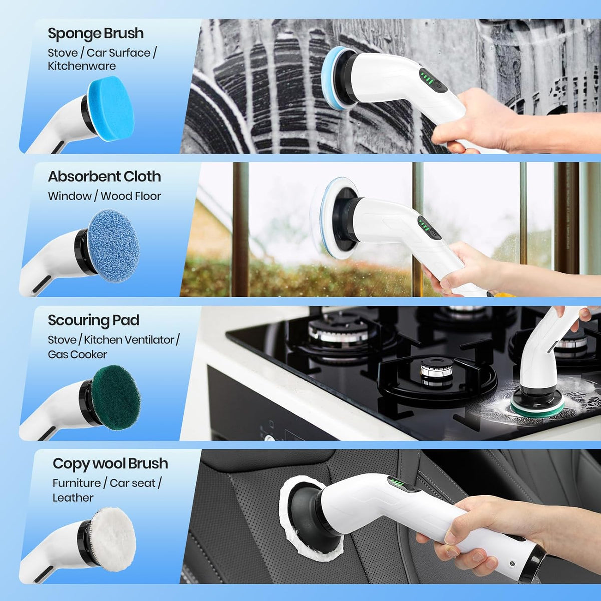 Cordless Electric Spin Scrubber – IPX7 Waterproof Electric Scrubber with 8 Replaceable Brush Heads & Adjustable Extension Handle - PuriLite