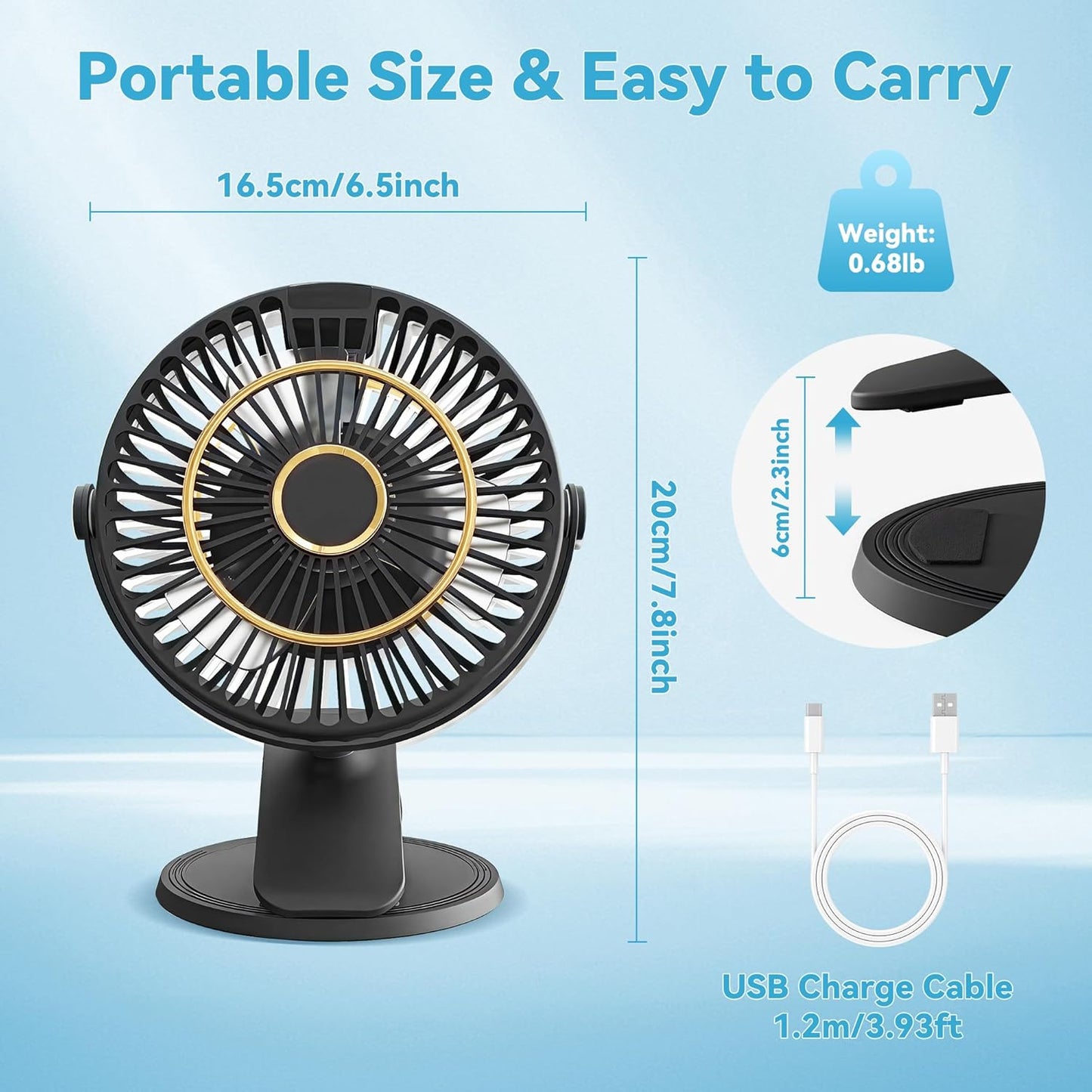 5 Speeds Clip on Fan Rechargeable - Mini USB Portable Desk Fan with Clip, LED Display Powerful Silent Table Fan, 720°Flexible Rotation for Bed, Home, Stroller, Sport, Camping (Black)