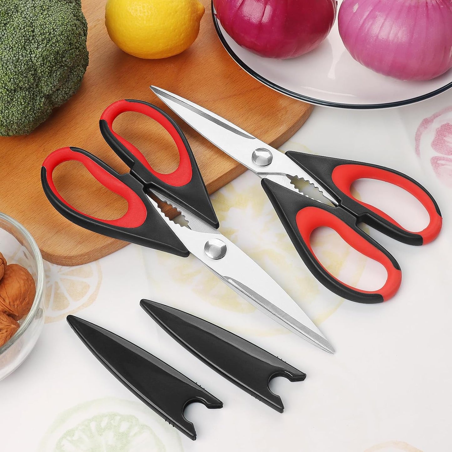 Kitchen Scissors, Stainless Steel Blades, Soft Grip, Multi-Purpose Kitchen Scissors Set, Red/Black, Set of 2 - PuriLite