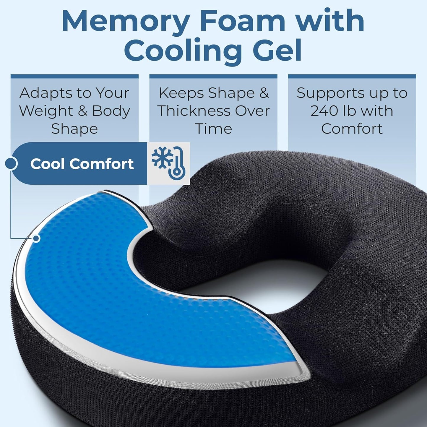 5 STARS UNITED Donut Pillow Hemorrhoid Tailbone Seat Cushion – Gel Memory Foam - Large Black Lifting Cushion Pain Relief for Coccyx, Prostate, Sciatica, Pelvic Floor, Pressure Sores, Pregnancy
