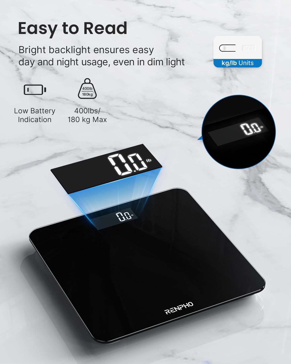 RENPHO Digital Body Weight Bathroom Scale, Highly Accurate Core 1S Scale for Body Weight with Lighted LED Display, Large Rounded Corner Design, 400 lb, Black, 11.02" x 11.02" x 0.87" (Large)