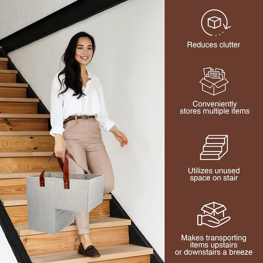 SAM AND MABEL Stair Baskets for Carpeted and Wooden Stairs – 16”L x 10”W x 16”H Foldable Staircase Basket with Handles, Stairstep Storage Organizer for Home and Office Decor (Naturel Beige) - PuriLite