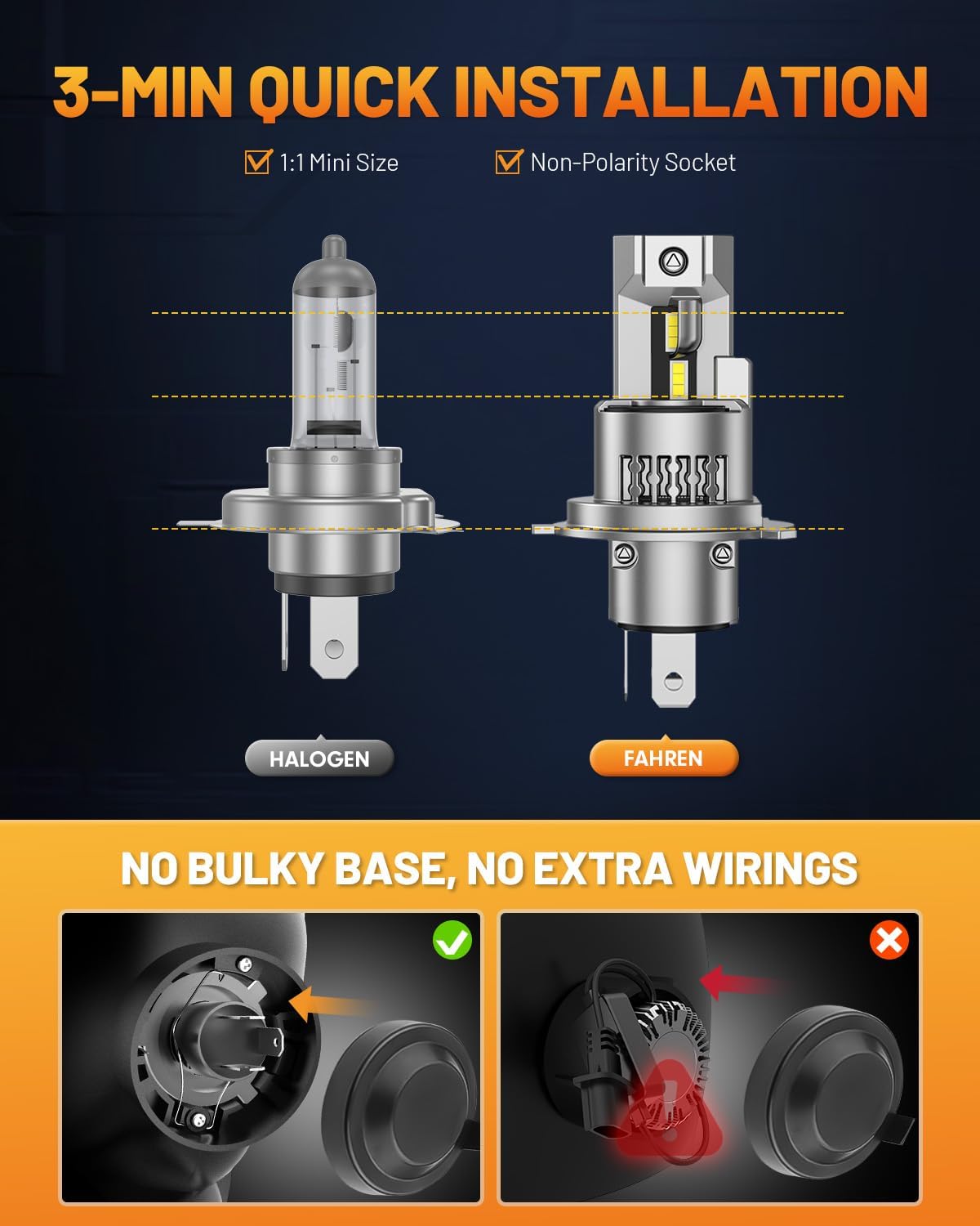 Fahren 2024 Newest H4/9003 LED Headlight Bulbs, 36000LM 900% Brighter, 1:1 Size Hi/Lo Dual Beam H4 HB2 LED Bulbs, 6500K Cool White, Direct Installation, Pack of 2