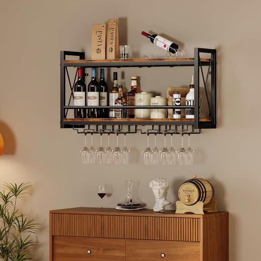 Homeiju Wall Mounted Wine Rack, Bottle & Glass Holder Wood-Metal Retro Wine Rack, Wine Bottles Display Wall Storage for Kitchen Dining Room Home Bar - PuriLite