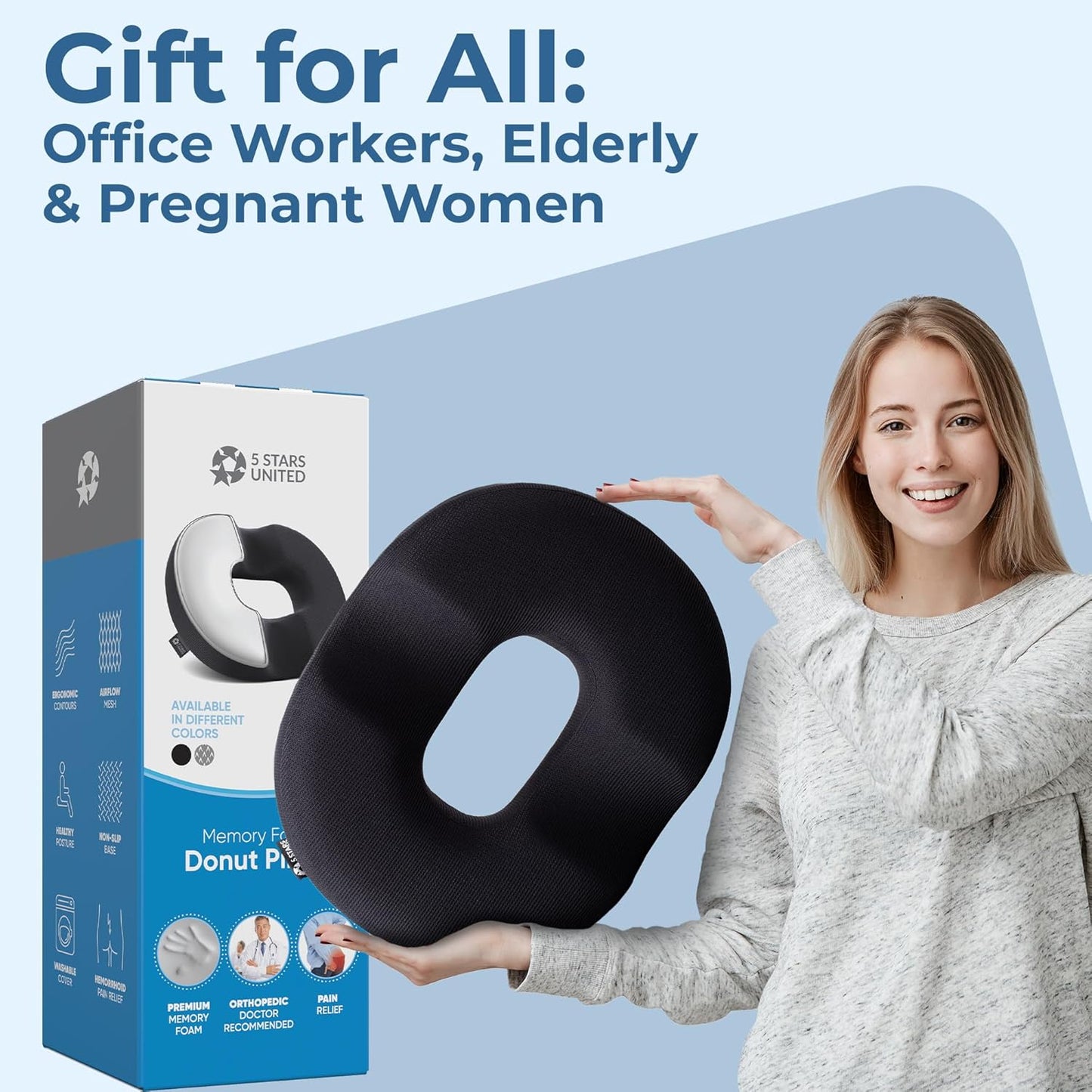 5 STARS UNITED Donut Pillow Hemorrhoid Tailbone Seat Cushion – Gel Memory Foam - Large Black Lifting Cushion Pain Relief for Coccyx, Prostate, Sciatica, Pelvic Floor, Pressure Sores, Pregnancy