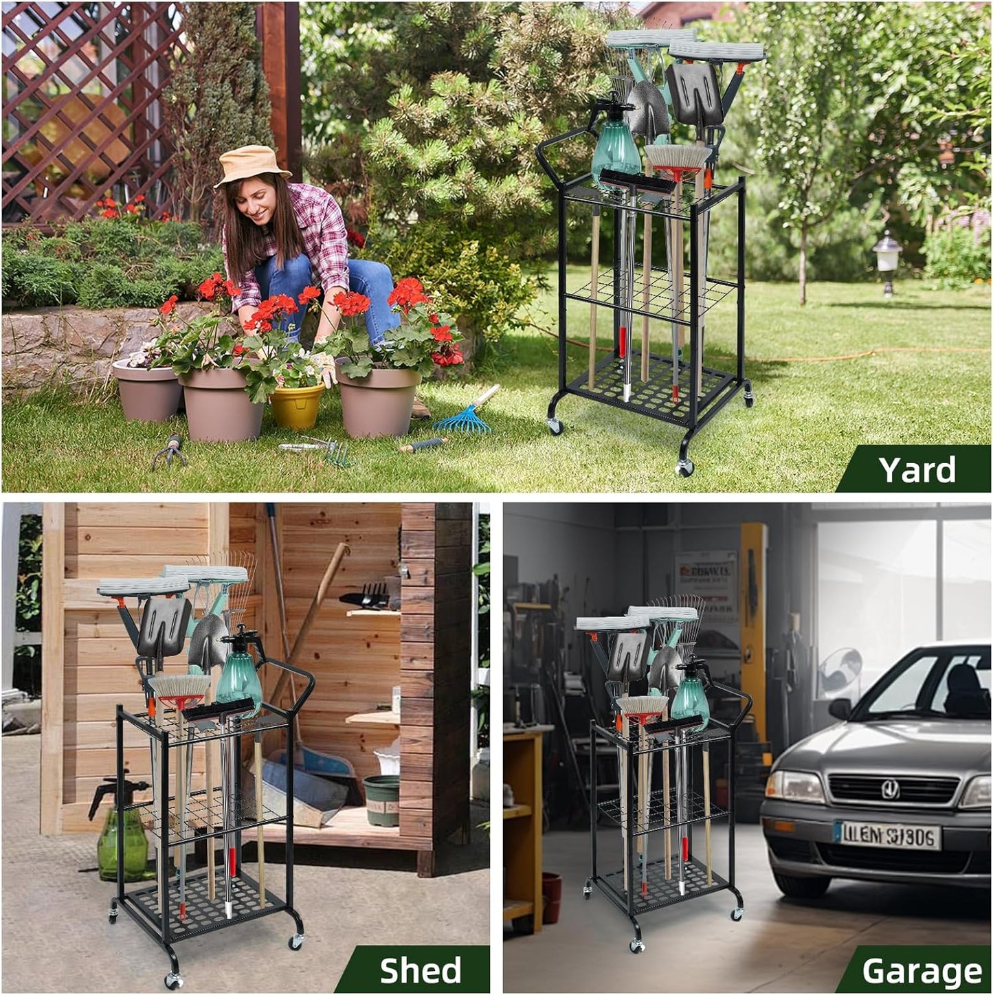 Garden Tool Organizer with Wheels, Garage Tool Storage and Organization with 6 Hooks, Steel Tool Rack Holds Up to 35 Long Handled Yard Tools for Garage, Shed, Basement