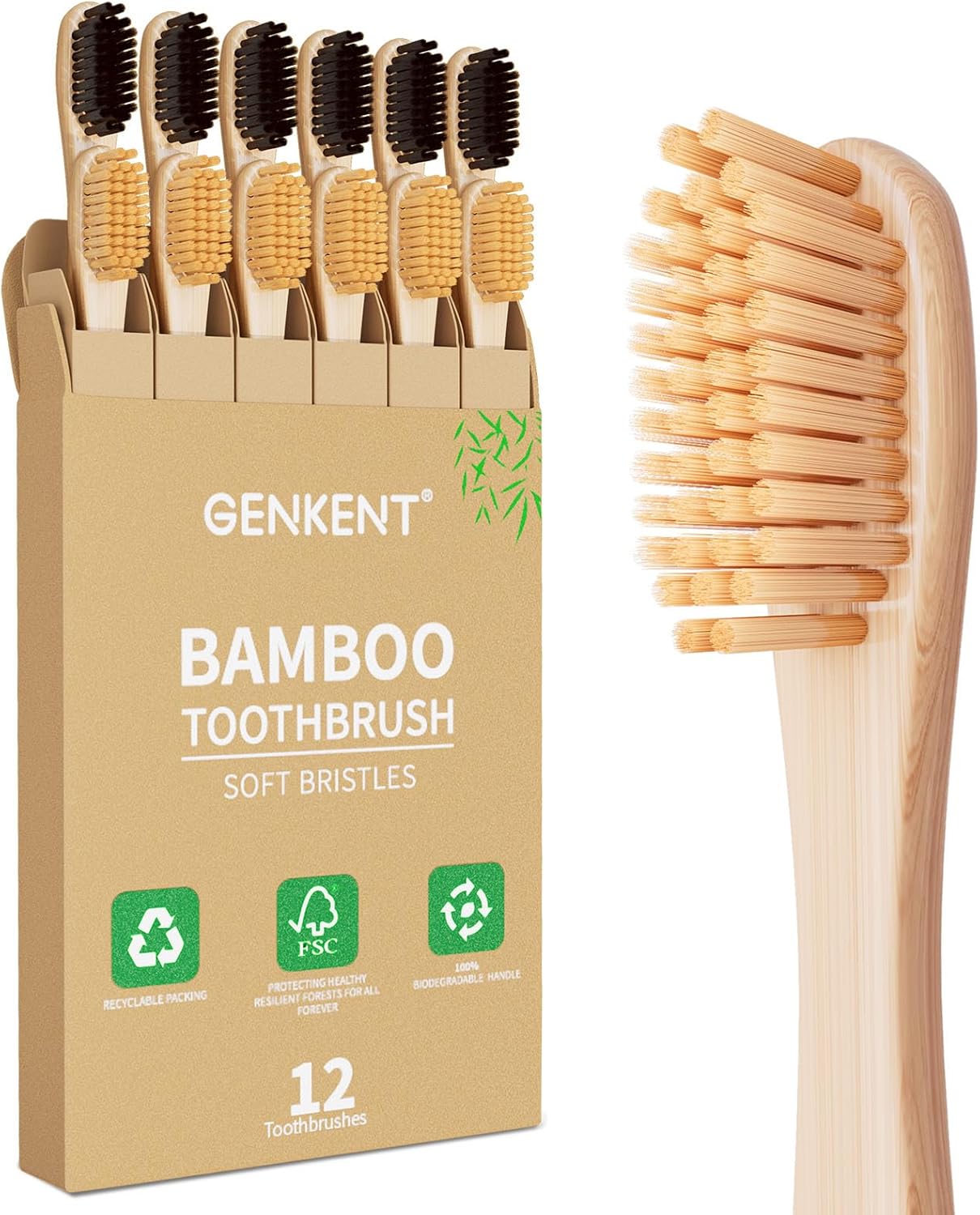 GENKENT 12 Counts Bamboo Toothbrush with BPA Free Soft Bristles Natural Bamboo Charcoal Tooth Brush in Eco Friendly Color Bristle Recycled Biodegradable Wood Tooth Brushes