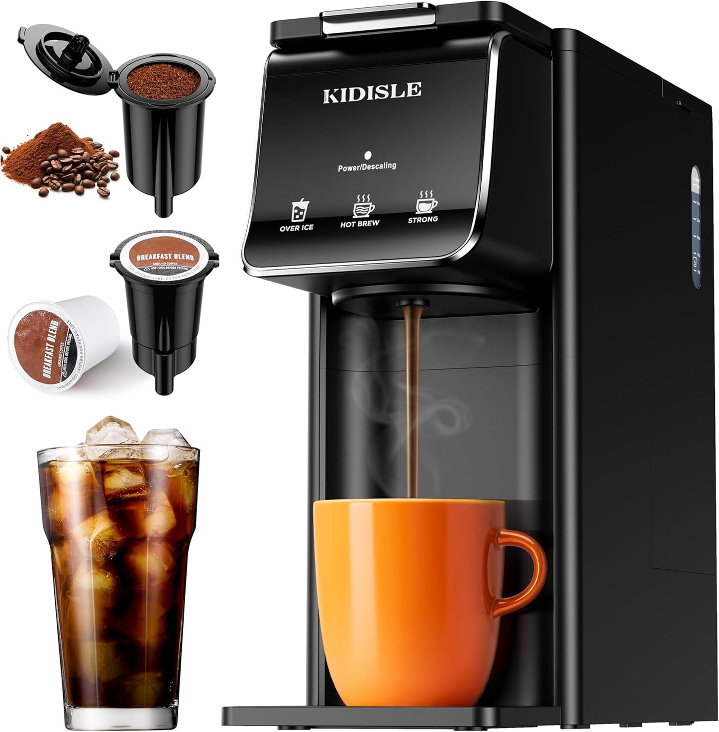 KIDISLE Hot & Iced Coffee Maker for K Cups & Ground Coffee, Single Serve Brewer with Bold Setting, Reusable Filter, Travel Mug Friendly, Compact & Quick Brew, Black