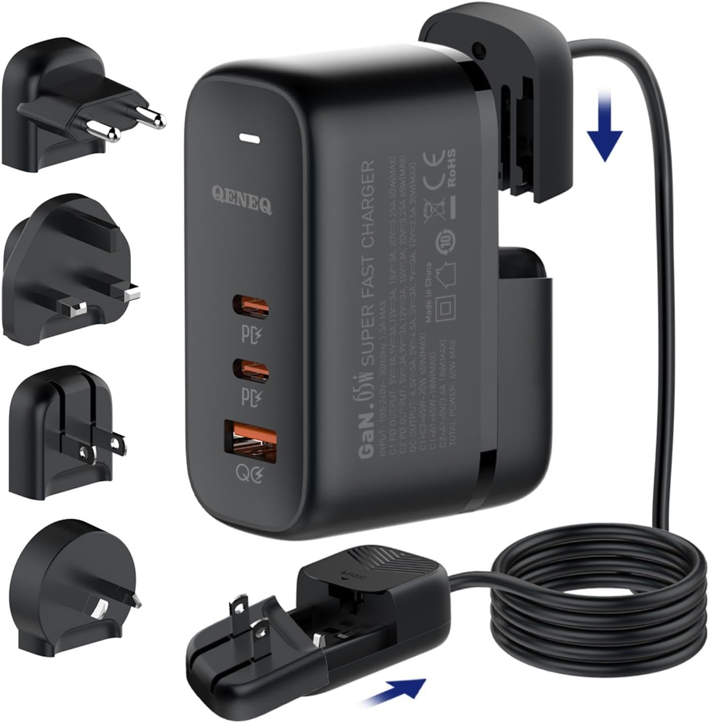 QENEQ GaN 65W USB C Charger 3 Port Fast Charging Block Travel Charger Wall Charger Universal Travel Adapter USA EU UK AU Plug Adapter for MacBook iPad Pro/Air iPhone 15 16 Samsung Laptop Steam Deck