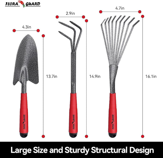 6 Piece Garden Tool Sets - Including Trowel,5-Teeth rake,9-Teeth Leaf rake,Double Hoe 3 prongs, Cultivator, Weeder, Gardening Hand Tools with High Carbon Steel Heads - PuriLite