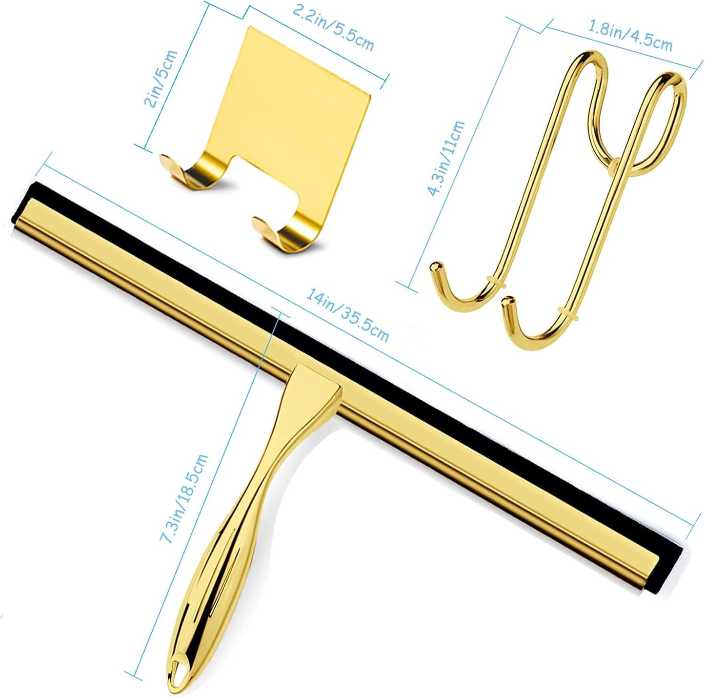Shower Squeegee for Glass Doors, 14 Inches Bathroom Squeegee with Spare Silicone Blade, Shower Door Hook and Adhesive Hook, Stainless Steel Bathroom Squeegee for Mirror Window Kitchen (Gold-1 Pack)