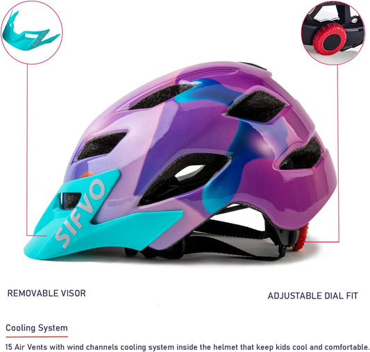 Kids Helmet, SIFVO Kids Bike Helmet Boys and Girls Bike Helmet 5-14, Bike Helmet Kids with Removable Visor Youth Bike Helmet Multi Sport Safe and Comfortable (50-57cm) - PuriLite