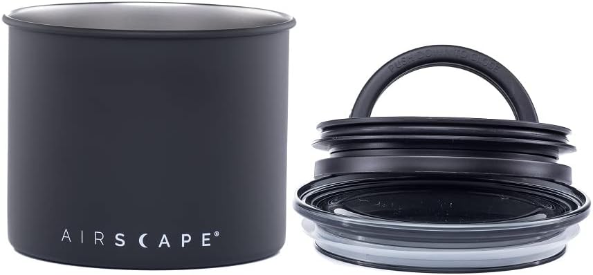 Airscape Stainless Steel Coffee Canister | Food Storage Container | Patented Airtight Lid | Push Out Excess Air Preserve Food Freshness (Matte Black, Small)