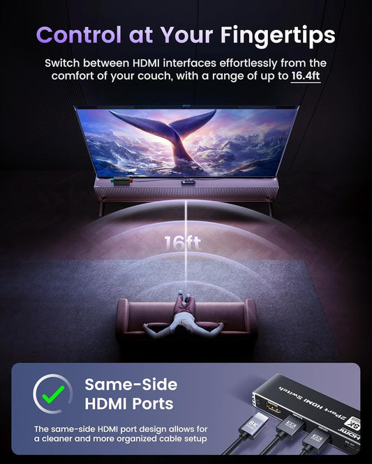 avedio links HDMI 2.1 Switch 4K@120Hz with Remote, 8K@60Hz Bi-Directional HDMI Switcher, Aluminum HDMI Splitter 2 in 1 Out Ultra HD HDR Compatible with PS5 Xbox Fire Stick and More (Black) - PuriLite