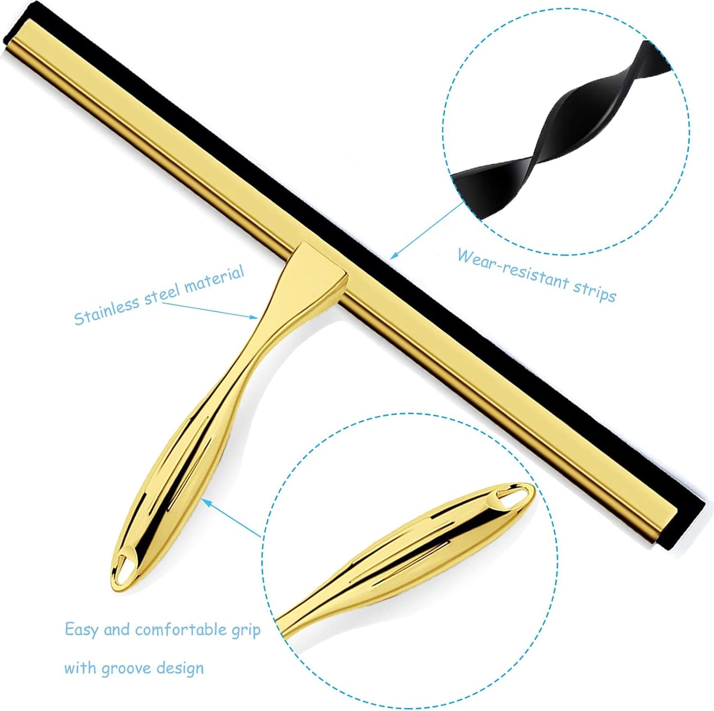 Shower Squeegee for Glass Doors, 14 Inches Bathroom Squeegee with Spare Silicone Blade, Shower Door Hook and Adhesive Hook, Stainless Steel Bathroom Squeegee for Mirror Window Kitchen (Gold-1 Pack)