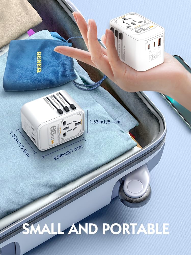 QENEQ GaN 65W Universal Travel Adapter International Power Travel Plug Adapter QC USB A PD USB C Fast Travel Charger Worldwide AC Outlet European Travel Plug Adapter for Europe USA UK Asia AUS