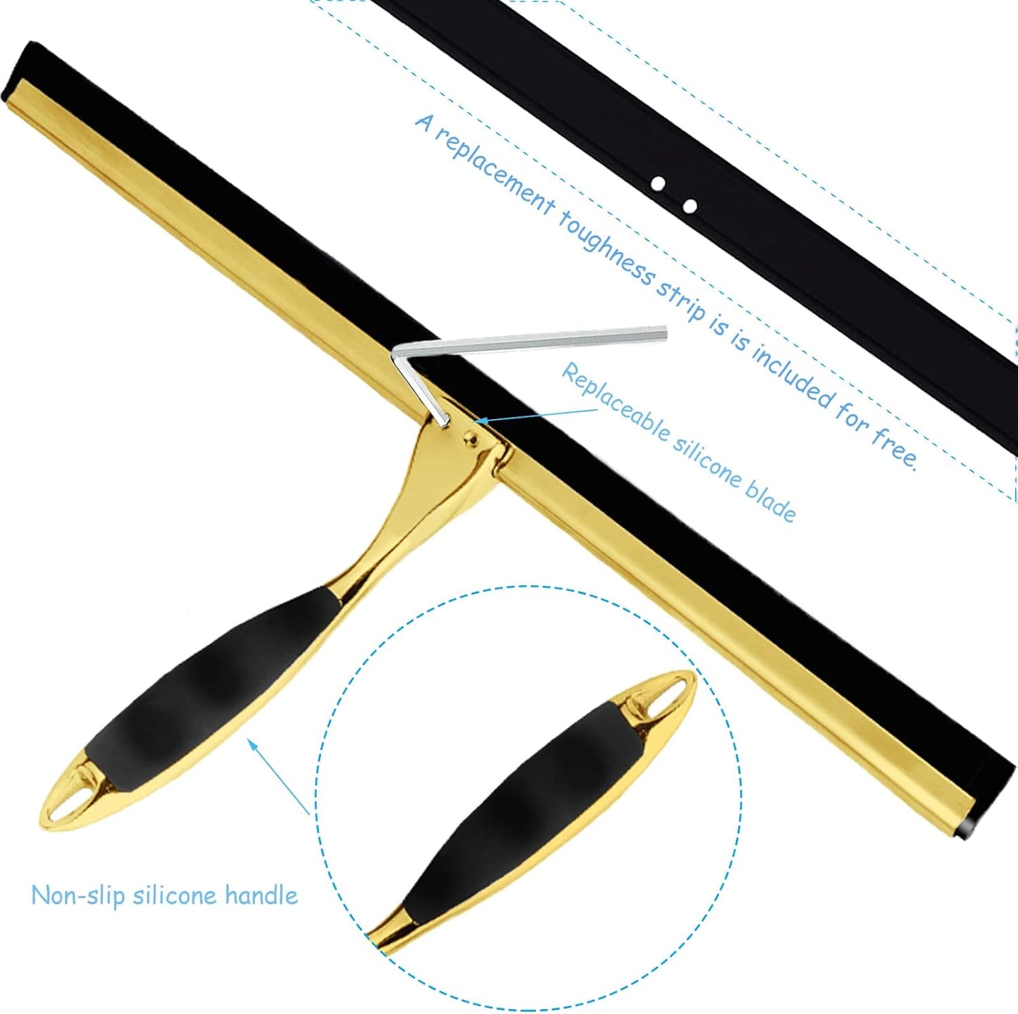 Shower Squeegee for Glass Doors, 14 Inches Bathroom Squeegee with Spare Silicone Blade, Shower Door Hook and Adhesive Hook, Stainless Steel Bathroom Squeegee for Mirror Window Kitchen (Gold-1 Pack)
