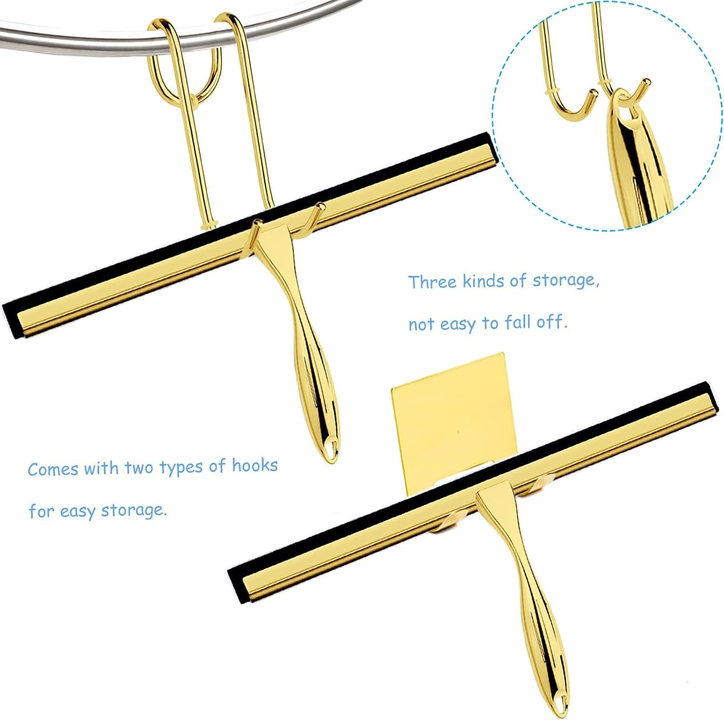 Shower Squeegee for Glass Doors, 14 Inches Bathroom Squeegee with Spare Silicone Blade, Shower Door Hook and Adhesive Hook, Stainless Steel Bathroom Squeegee for Mirror Window Kitchen (Gold-1 Pack)