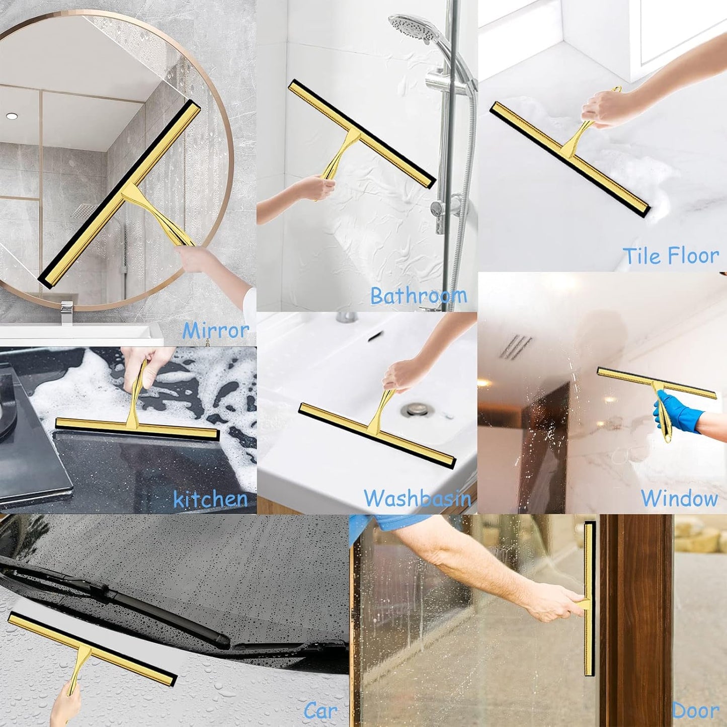 Shower Squeegee for Glass Doors, 14 Inches Bathroom Squeegee with Spare Silicone Blade, Shower Door Hook and Adhesive Hook, Stainless Steel Bathroom Squeegee for Mirror Window Kitchen (Gold-1 Pack)