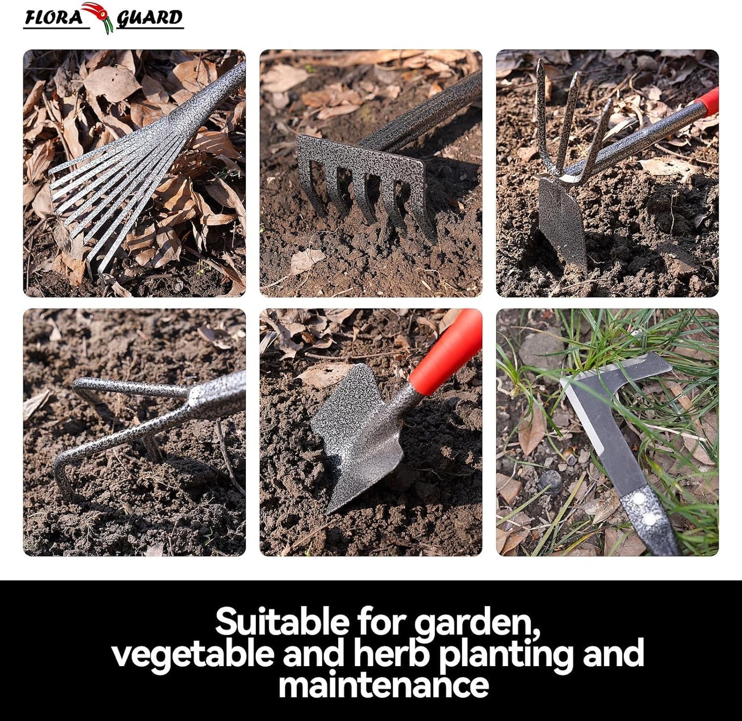 6 Piece Garden Tool Sets - Including Trowel,5-Teeth rake,9-Teeth Leaf rake,Double Hoe 3 prongs, Cultivator, Weeder, Gardening Hand Tools with High Carbon Steel Heads