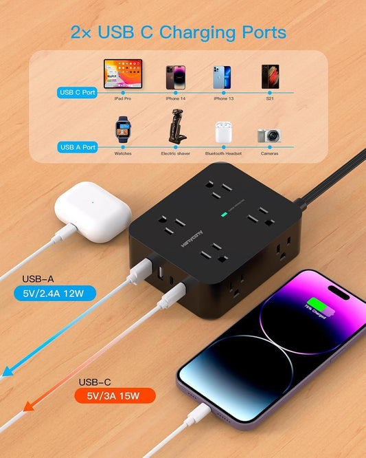 Power Bar Surge Protector, 5 Ft Flat Plug Exetnsion Cord with Multiple Outlets, Power Strip with 4 USB Ports(2 USB C), Wall Mount for Home Office College Dorm Room Essentials, ETI Listed, Black - PuriLite
